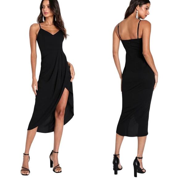 Lulus Dresses & Skirts - Lulus V Neck Spaghetti Strap Pleated Faux Wrap Reinette Black Midi Dress size L